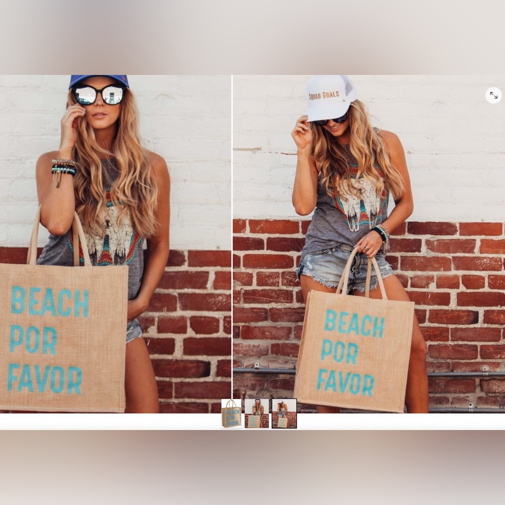 Beach please.""Beach Por Favor Bag."" Jute Mother Trucker bag.